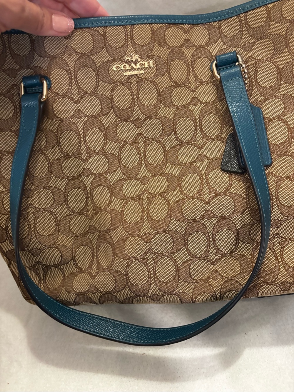 Coach Signature Canvas Tote with Teal Leather Trim - Picture 2 of 8